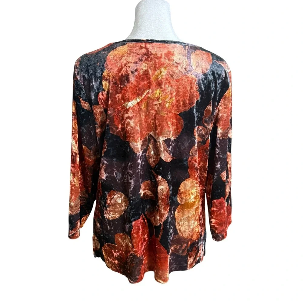 Velvet Velour Top Womens M Autumn‎ Leaves Keyhole Stretch Dressy Blouse